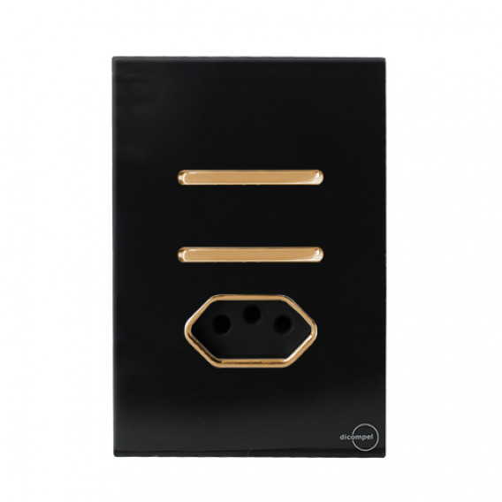 Conjunto Interruptor Duplo Simples + Tomada 10a 4x2 - Novara Glass Preto Brilhante Gold